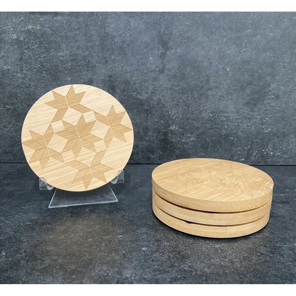 Engraved Bamboo Wood Stars amd Cubes Quilt Pattern Coasters 2022 Quilt Built - Picture 1 of 8